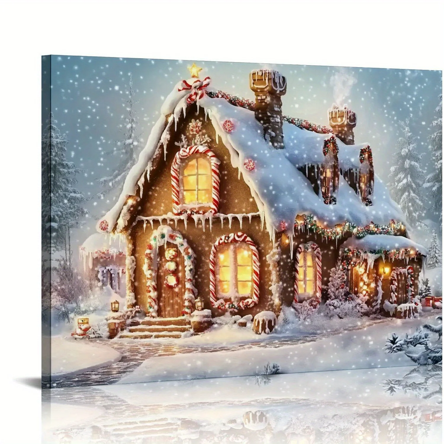 1PC Christmas Landscape Canvas Rustic Cottage Christmas Snow Village Mural Decoration Bedroom Living Room Dining Room Framed