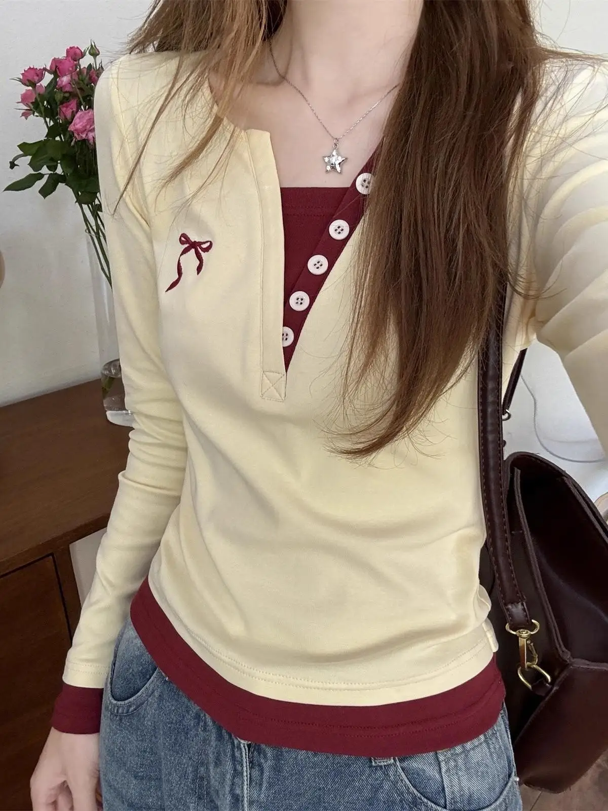 Women's Long Sve T-irt Padded Knot Design Inner Wear Velvet Patchwork Slim Fit Top Korean Sle Commute Faion