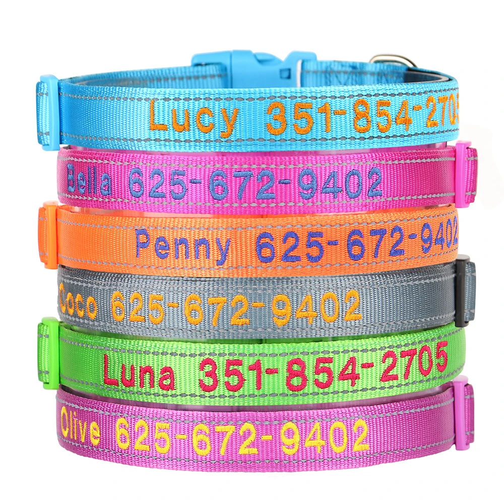 Embroidered Nylon Dog Collar Personalized Puppy Cat Collars Reflective Pet ID Collars DIY Phone Name ID For Small Large Dog Cat