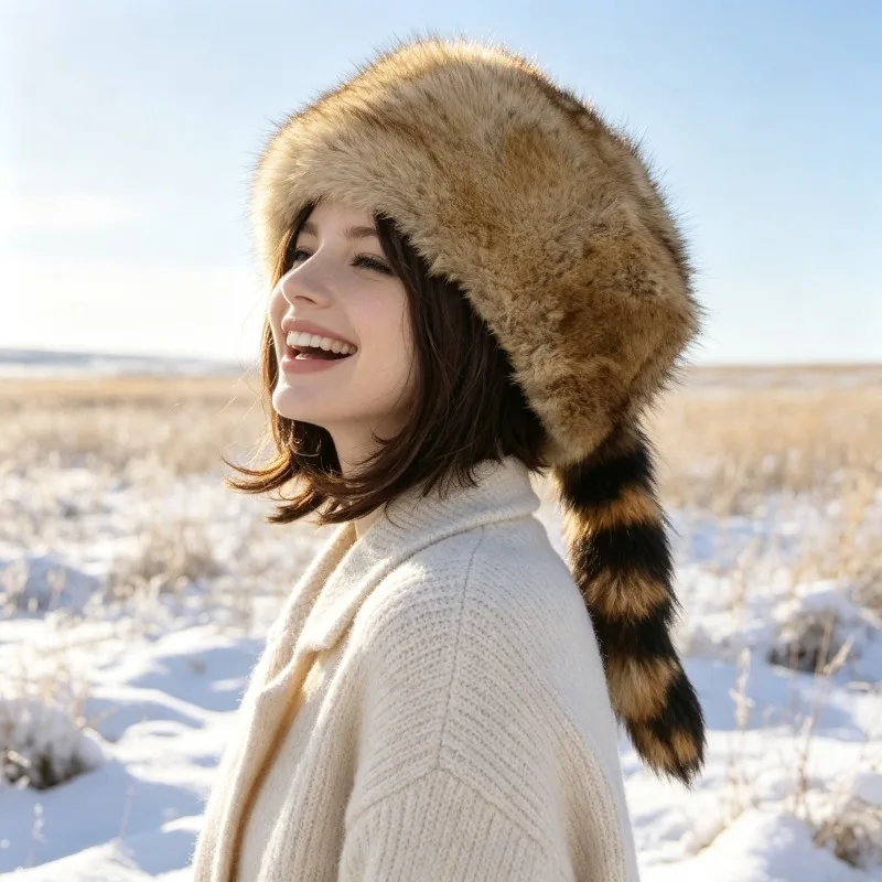 Autumn and Winter Warm Headwear Single Tailed Flat Top Hat European and American Style Fur Tail Decoration Ethnic Ear Protection