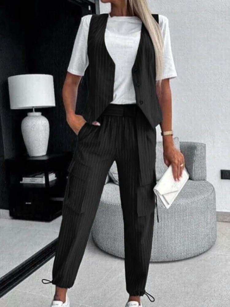 White Striped Vest Suit For Women Summer Casual V-neck Button Top Pocket Loose Pants Outfits Two-piece Suit For Women Elegant