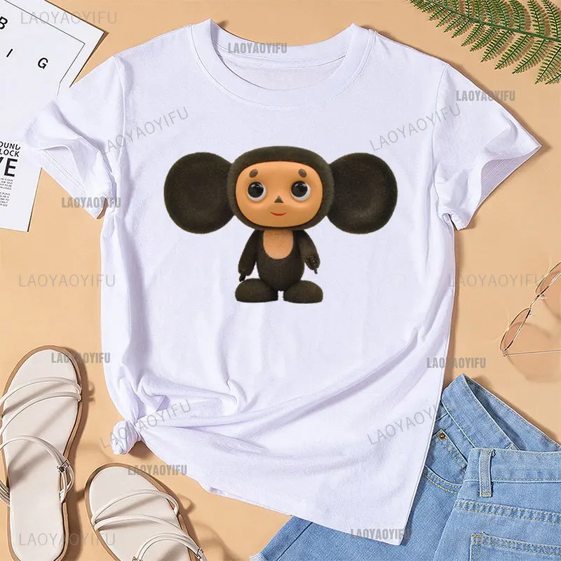 Russian Cheburashka Big-eyed Monkey Women T Shirt Crocodile Clothes Monkey Hipster Soviet Russian Doll Masculinas Novelty Top