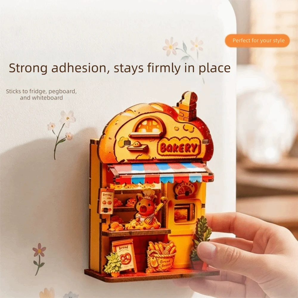 Animals Shop Wooden Fridge Magnet Assembly Model Miniature DIY House Puzzle LED Light Handmade 3D Wooden Puzzle Kit Children