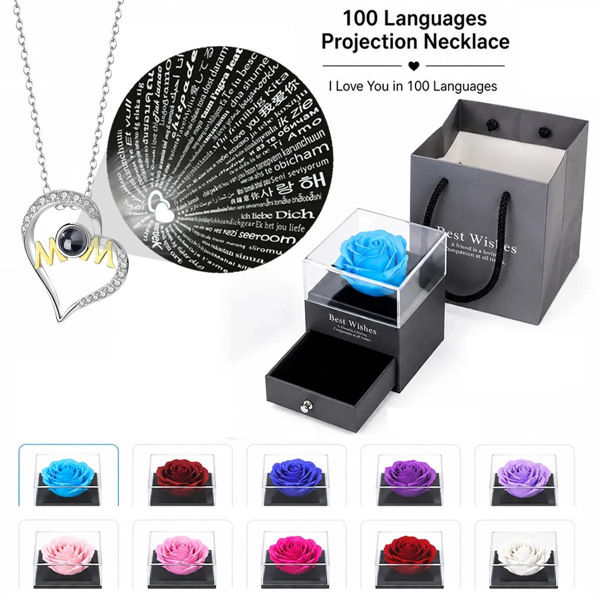 100 Languages Projection Mom Pendant Necklaces With Rose Flower Gift Box Romantic Christmas Valentine Birthday Wedding Jewelry