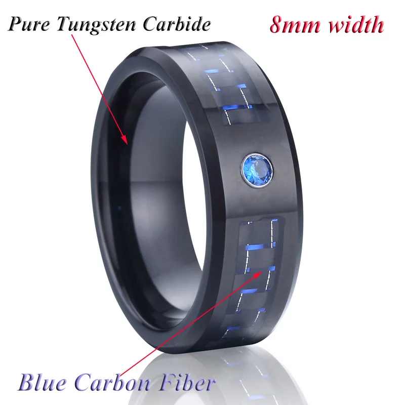 high quality black blue cz stone carbon fiber men's jewelry fashion tungsten carbide wedding bands finger rings for men male