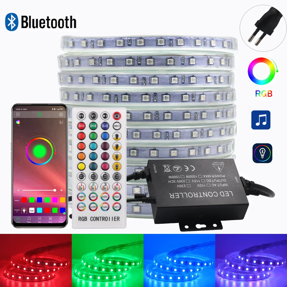 220V Bluetooth RGB Led Strip Light 5050 60Led Waterproof Music Sync Remote 1500W Controller Room Party Bar Decor EU US UK AU Kit