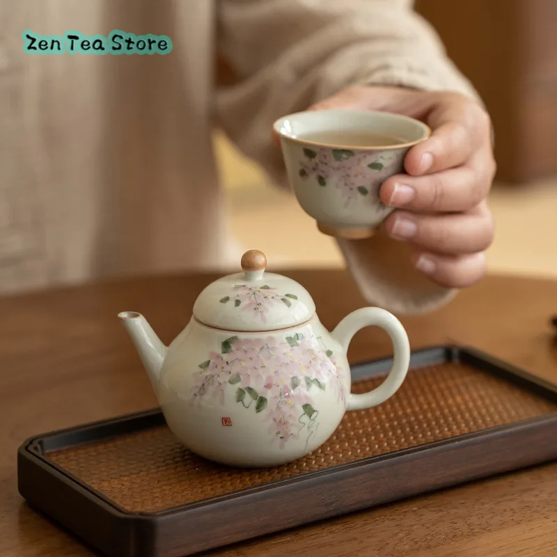 Hand-painted Wisteria Flower Pear Pot Ceramic Teapot Filter Ball Hole Under Glaze Color Kung Fu Teapot Small Capacity