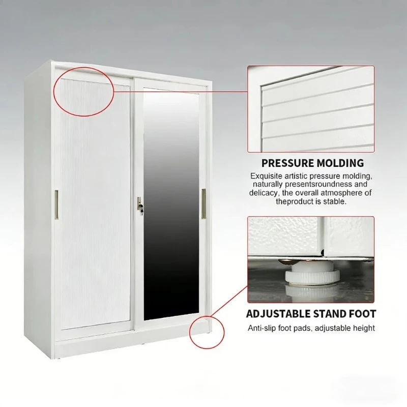 Newly designed embossed steel sliding door wardrobe with full mirror, lockable