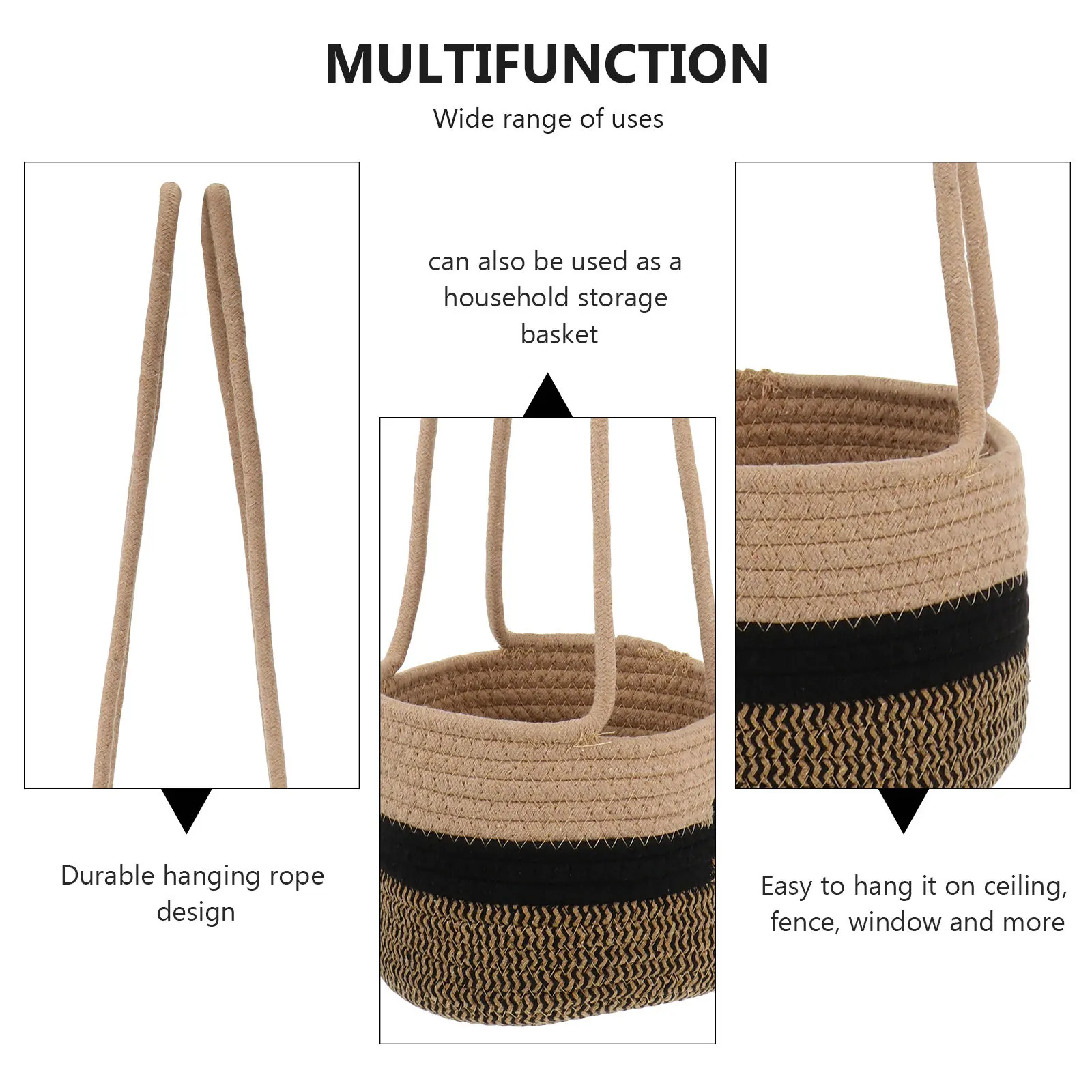 

Cotton Rope Woven Flower Basket Foldable Hanging Planter Rustic Decor for Home Office Indoor Plant Hanger Storage Organizer