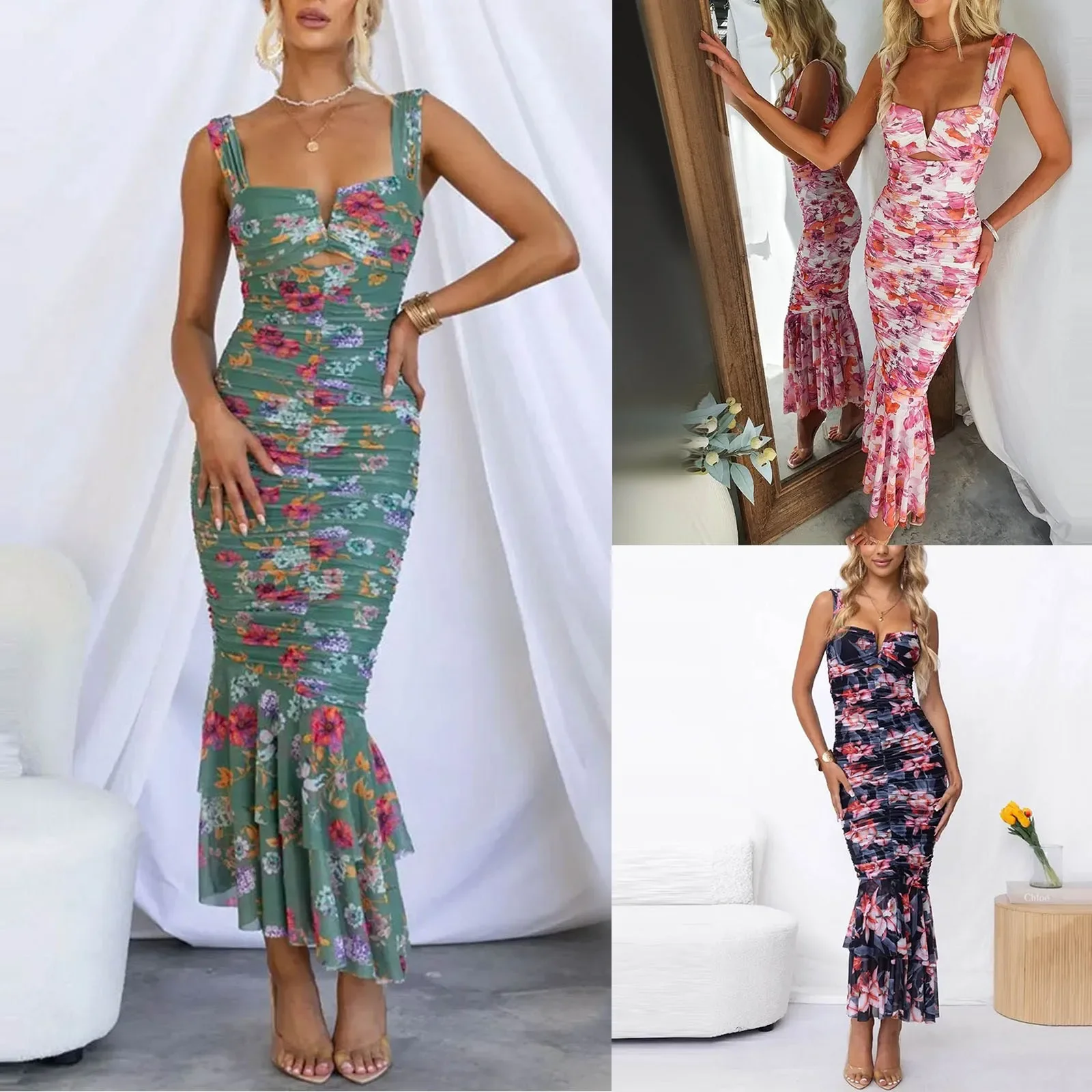 Beach Style Ruffle Sleeveless Maxi Dress, Women Spring Summer V-Neck Hollow Out Party Dress, Printed Slim Fit Lady Dress Vestido