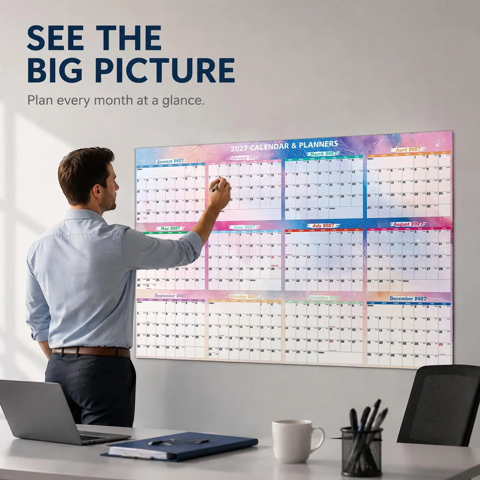 Dry Erase Calendar 2027 Erasable Task Planner 2 Pens 12 Month Annual Large Wall for Living Room Study Dorm Apartment Students