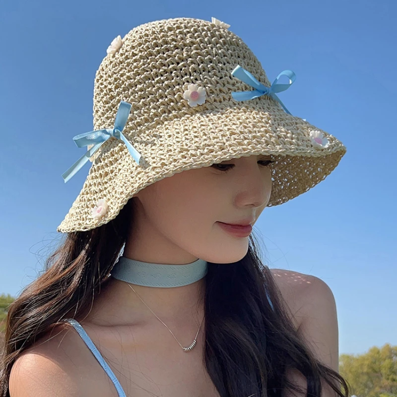 2024 French Hollow Flower Straw Bucket Hats Summer New Seaside Vacation Beach Sun Protection Sweet and Cute Bow Women's Caps