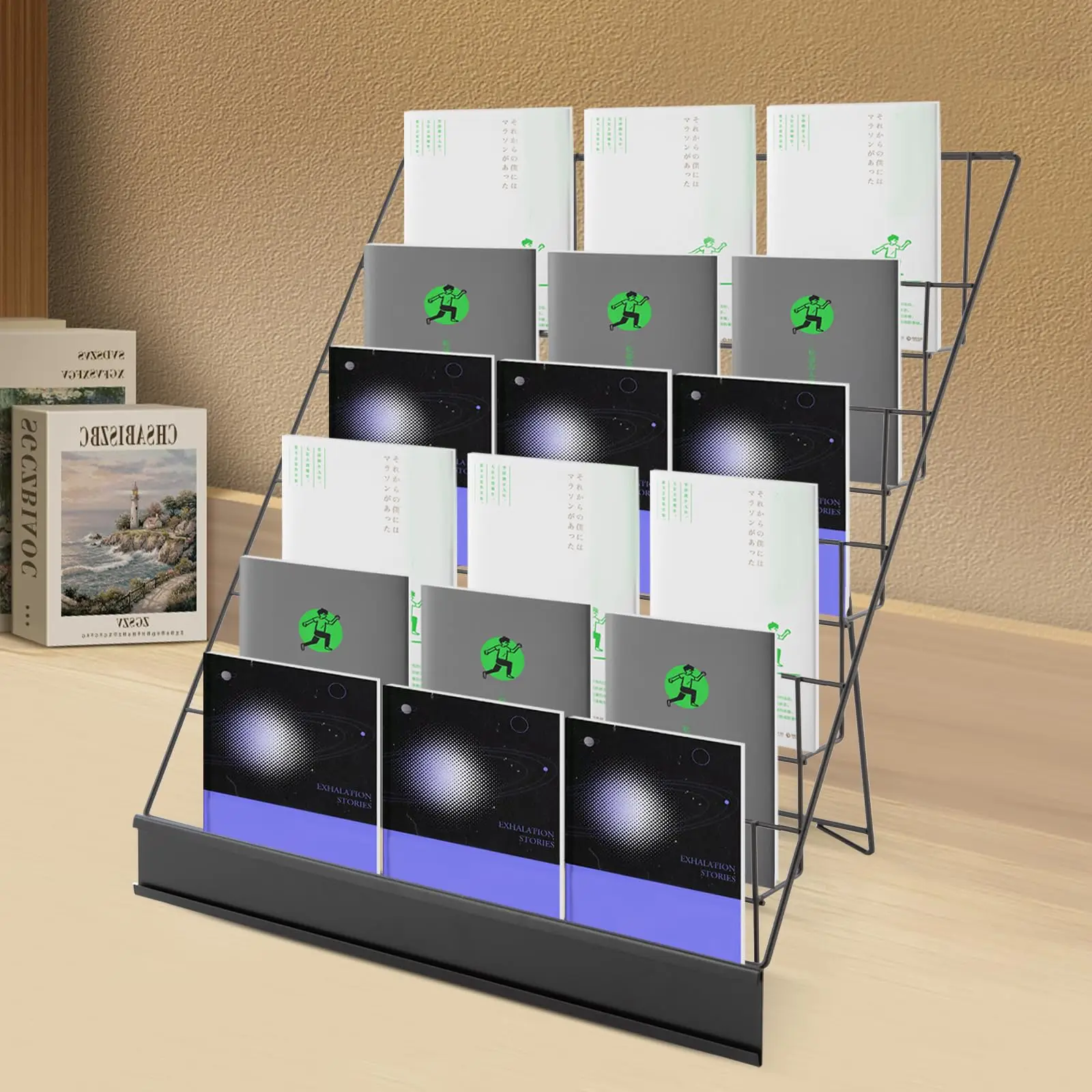 Espositore per libri a 6 livelli, espositore per biglietti d'auguri con scaffale per fumetti con recinzione a pannello, tablet espositore per brochure da 18 pollici
