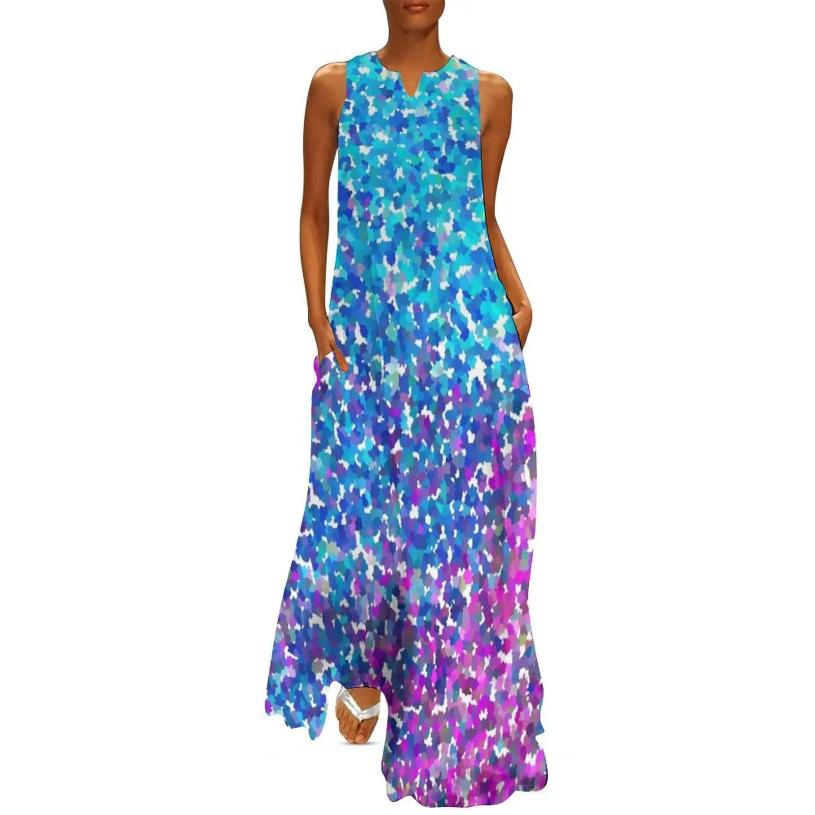 Turquoise Blue and Magenta Abstract Art Shapes Pattern Long Dress Women dresses summer prom dresses 2024