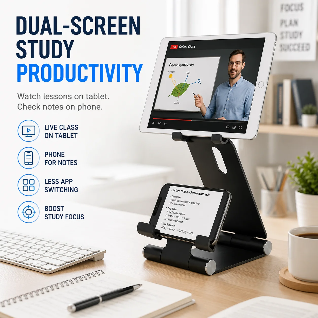 2-in-1 Dual Slot Aluminum Foldable Stand for Phone & Tablet, Multi-Angle Adjustable Desktop Holder, Sturdy Base