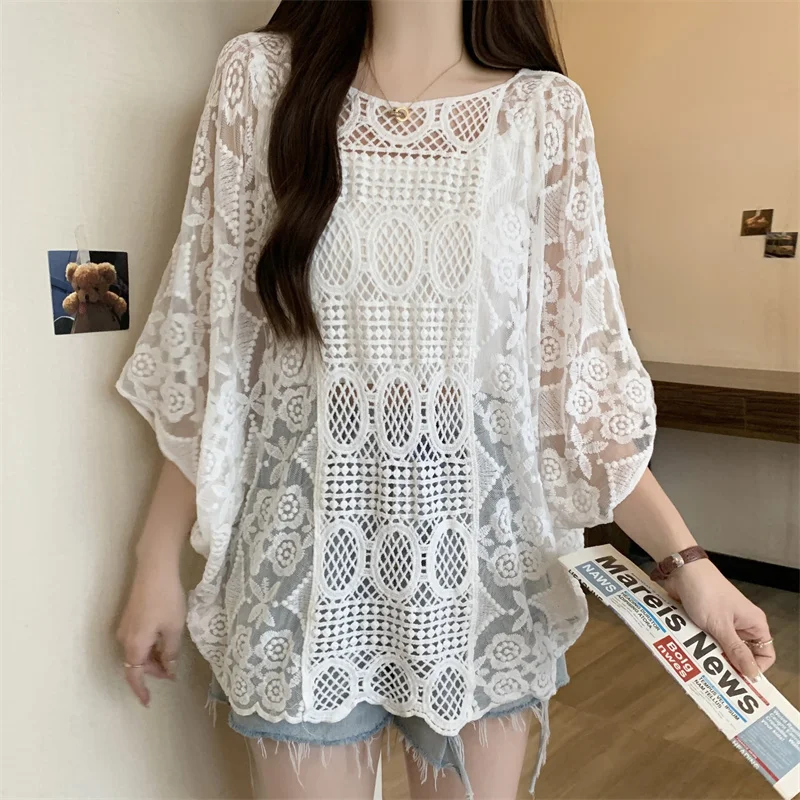 

Simple Solid Color Embroidered Hollow Bat Sleeve Lace Shirt Summer Beach Vacation Women Sunscreen Shirt
