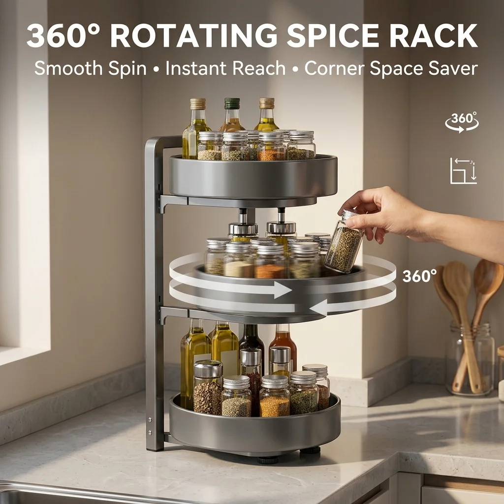 360 Rotating Spice Rack Organizer Carbon Steel 2/3 Tier Adjustable Lazy Susan Turntable for Kitchen Countertop Cabinet