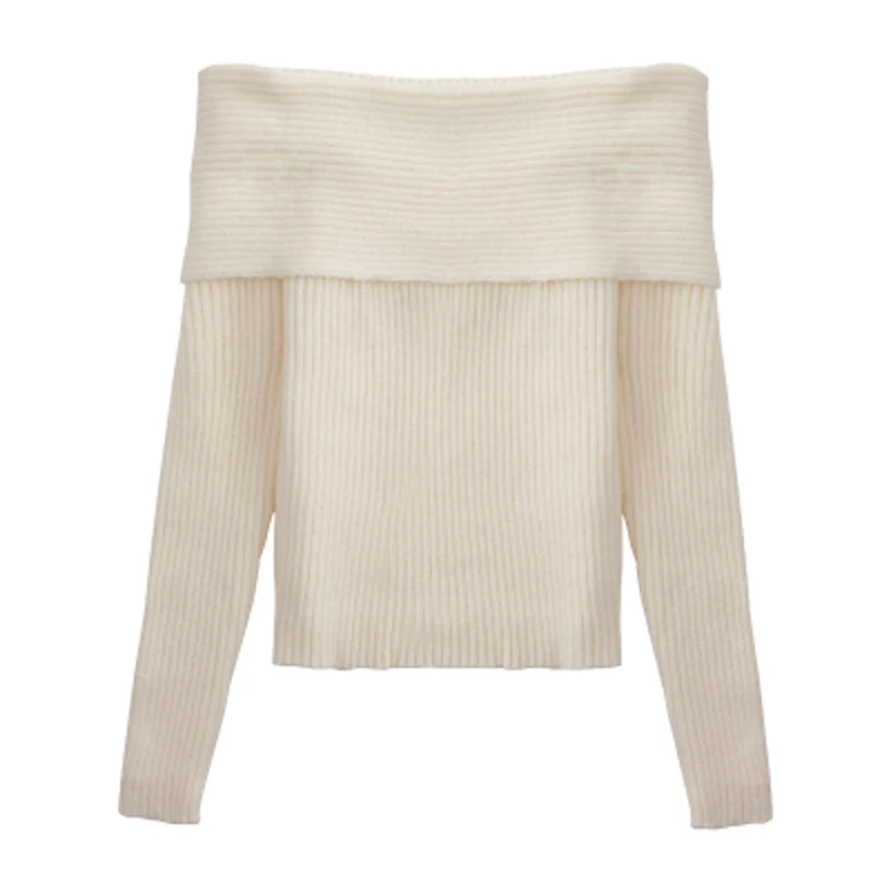 New Preppy Spring and Autumn Off Shoulder Simple Solid Color Knitted Sweaters Korean Slash Neck Casual Women's Pullover Top