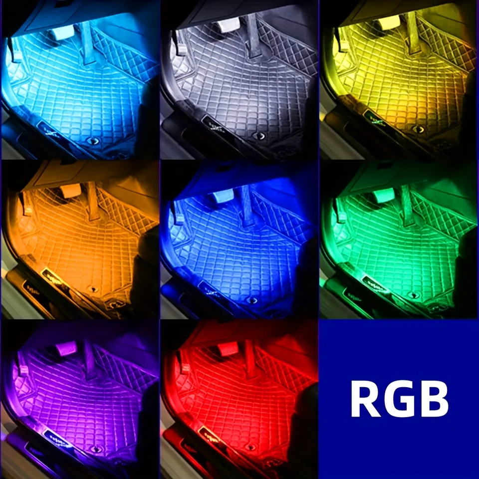 4-teiliges USB-betriebenes 48-LED-Auto-Innenbeleuchtungsset, bunte Fußpedale, Lichter, Musik-Synchronisierte Umgebungsbeleuchtung, Auto-Innenraum