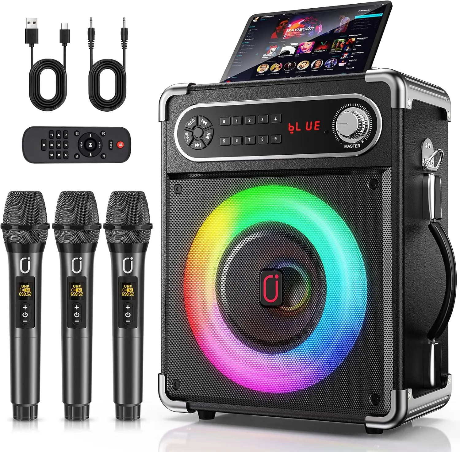 

HWWR Karaoke Machine, Portable Bluetooth 5.3 Karaoke Speaker with 3 Wireless Microphones for Adults with LED Lights for Outdoor/