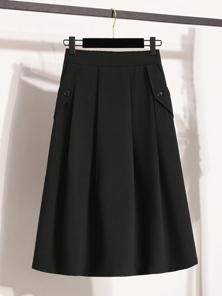 Women temperament pleated half skirt spring new high waist and drooping feeling slimming solid color commute suit skirt