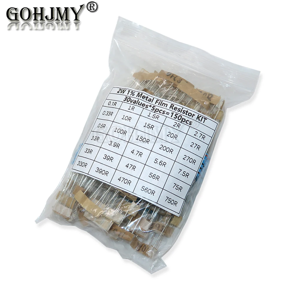 

150PCS/set 1% 2W Metal Film Resistor Kit 0.1R~750R 1K~820K Ohm 30 Value Assorted Pack Set Diy of Resistors