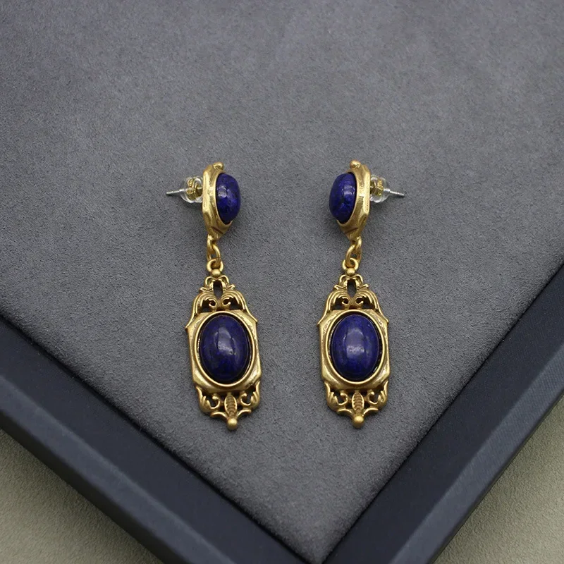 Earrings Natural Lapis Lazuli Women S925 Silver Needle Copper Plated 24K Gold French Blue Classical Jewelry Earrings