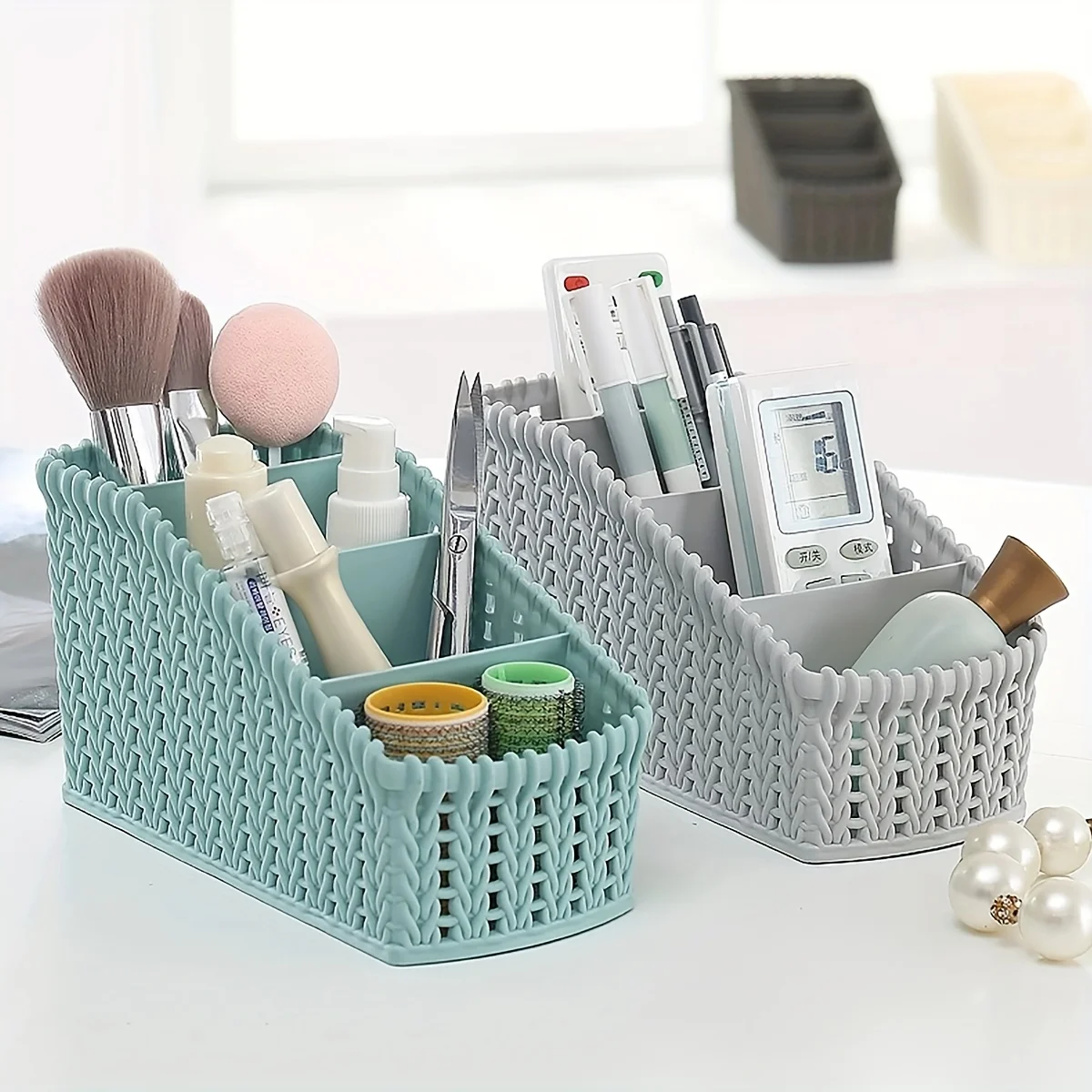 1pc Rattan‑Pattern Plastic Desk Organizer, Compartment Storage Basket, Multifunctional Vanity Tray for Cosmetics & Small Items