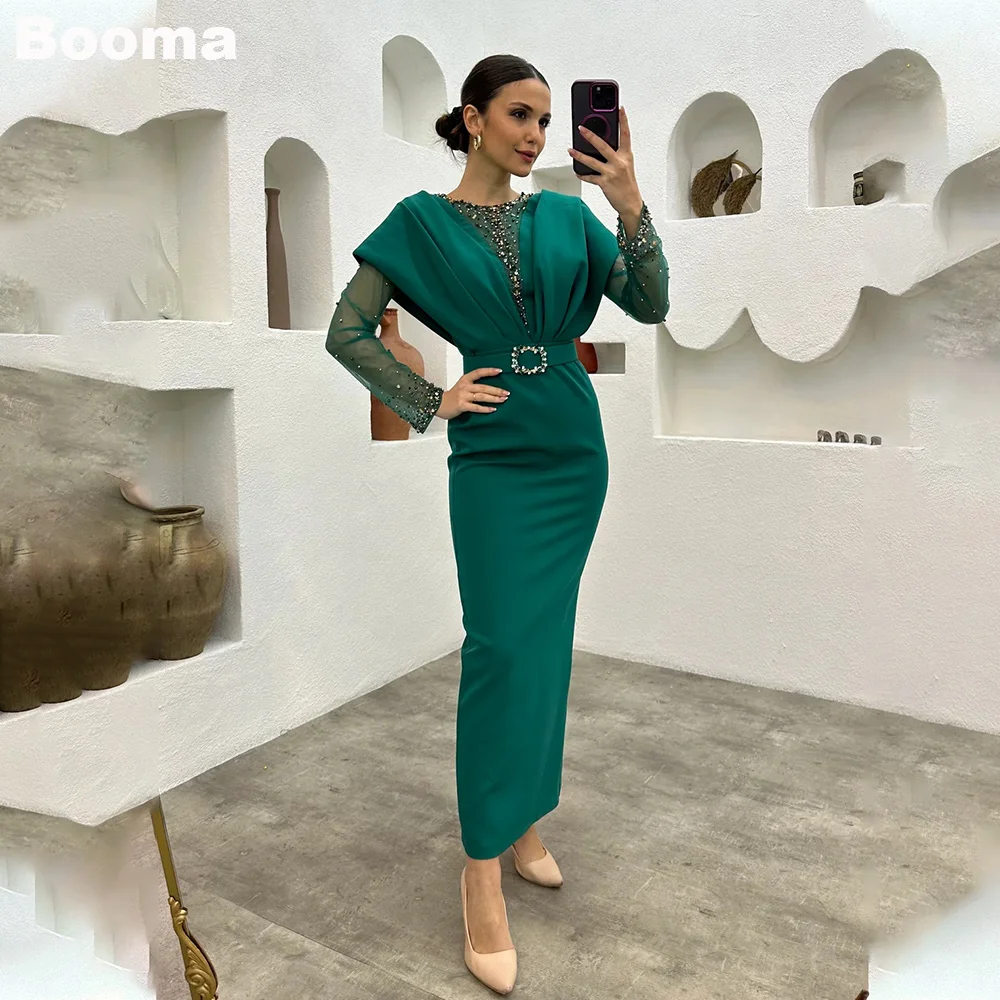 Booma Mermaid Evening Dresses Long Sleeves Belt Sequins Formal Occasion Dress Ankle Length Party Prom Gowns Outfits for Women