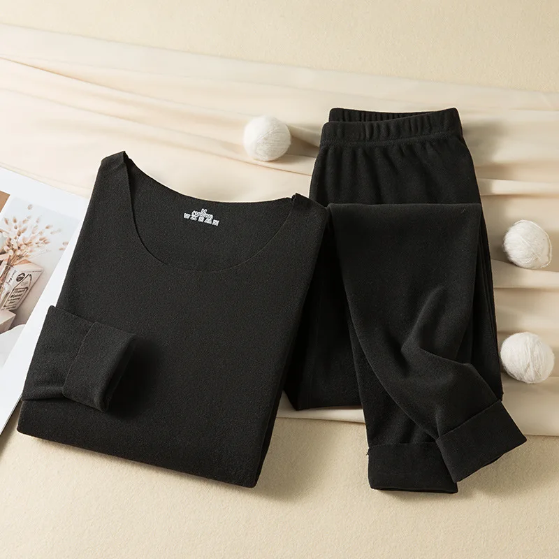 New Women's Thermal Underwear Set De Velvet Grinding Wool Fall Clothing and Pants Thermal Underwear Wome Large Size Solid Colour image 5