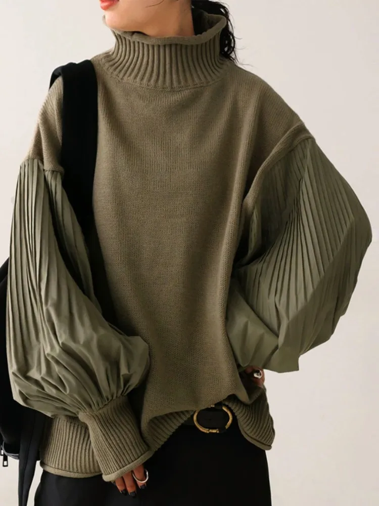 

Вязаный свитер High-Ne Splicing Heavy Embellied Lantern Sve, женский осенне-зимний винтажный свободный трикотаж с манжетами