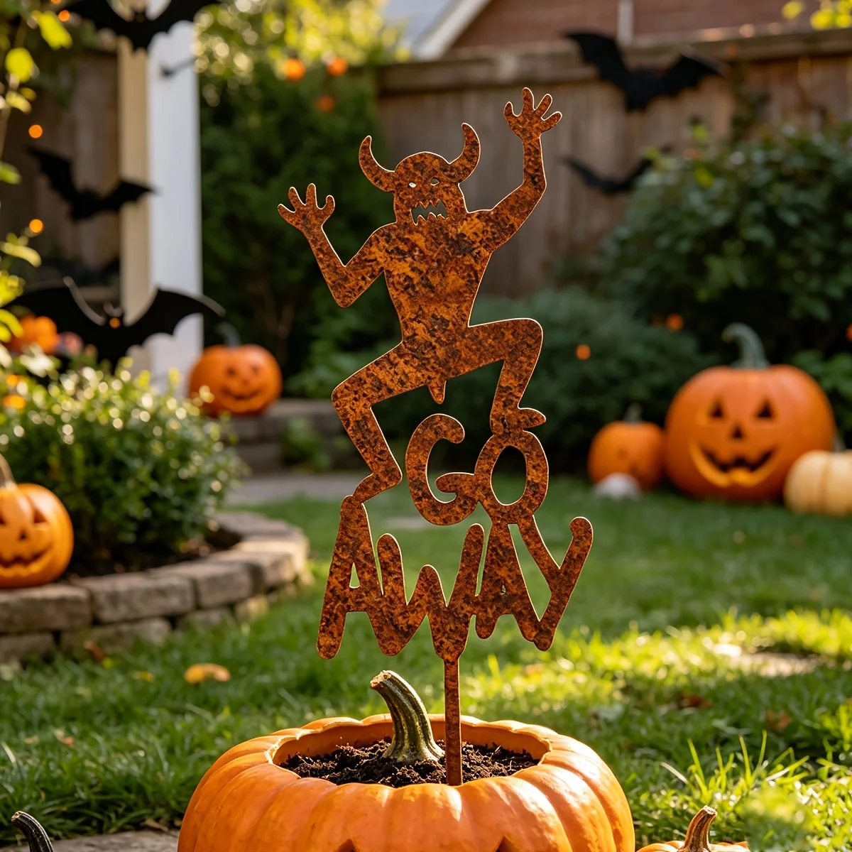 CIFBUY Rusty Metal Devil Garden Stake GOAWAY Text Vintage Erosion Silhouette Plant Pot Decor Outdoor Lawn Yard Art Halloween Par