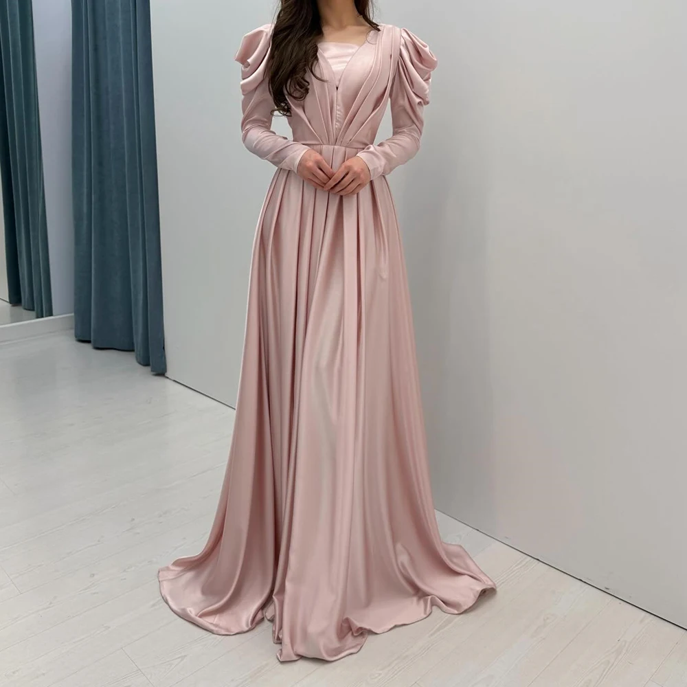 

Women's A-line Evening Dresses Floor-length Square Collar Full Sleeve Prom Gown Fashion Pleat Simple Draped Customized Gowns