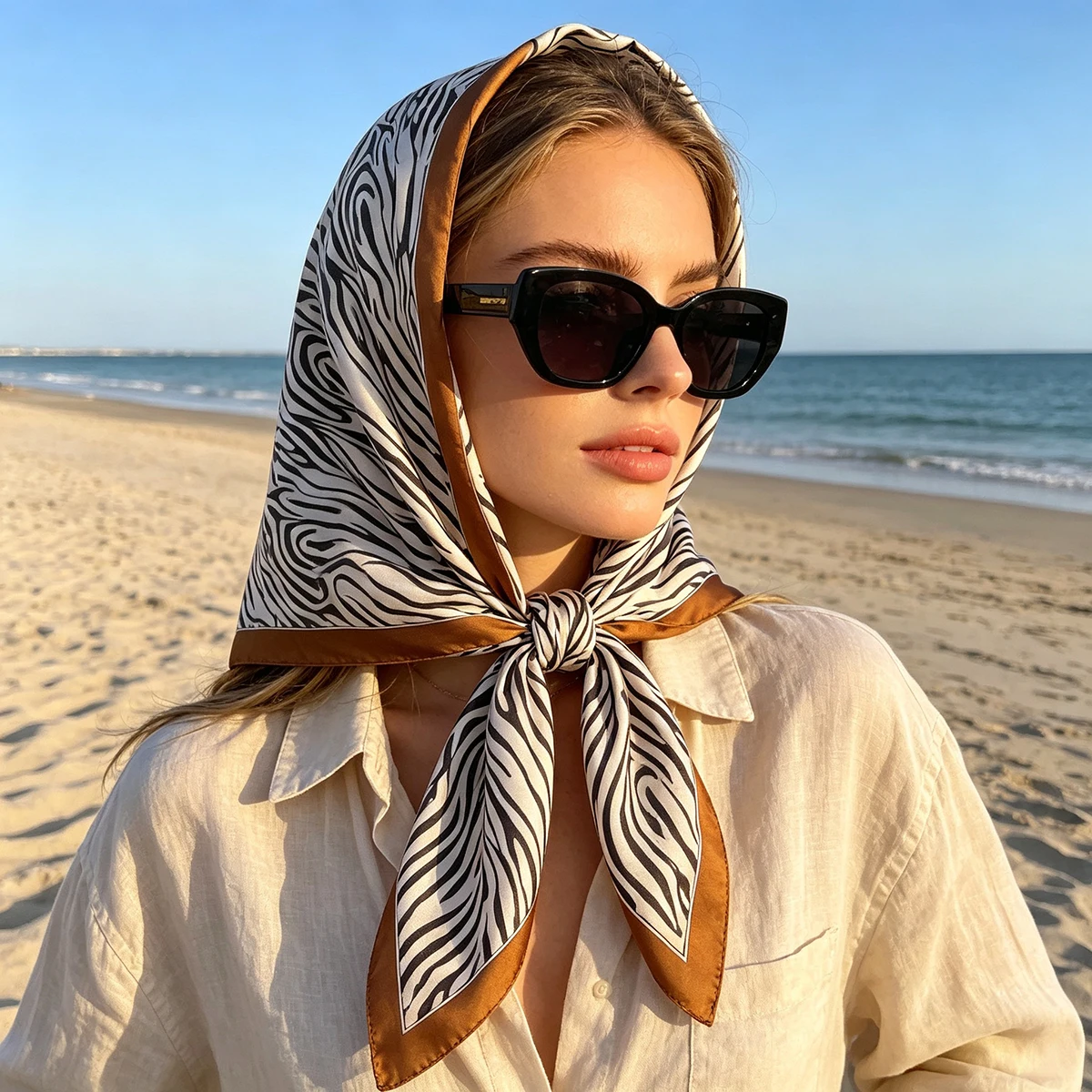 70x70cm Square Scarf Stripe Print Soft Satin Headscarf Neck Tie Hijab for Women Female Neckerchief Foulard Bandana