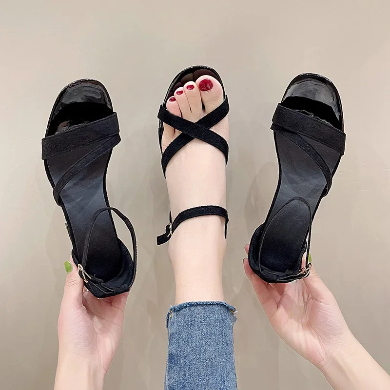 Thick Heeled Sandals for Women High Heels Shoes Woman 2024 Trend Round Toe Designer Black Heel Summer Shoe Sandles Dresses