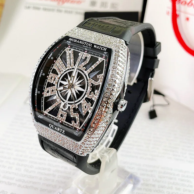 Mobangtuo Men Women Unisex Quartz Watch Reloj Tonneau Diamond Iced Out Hip Hop Man Watches Male Luxury Dial Ladies Wristwatch