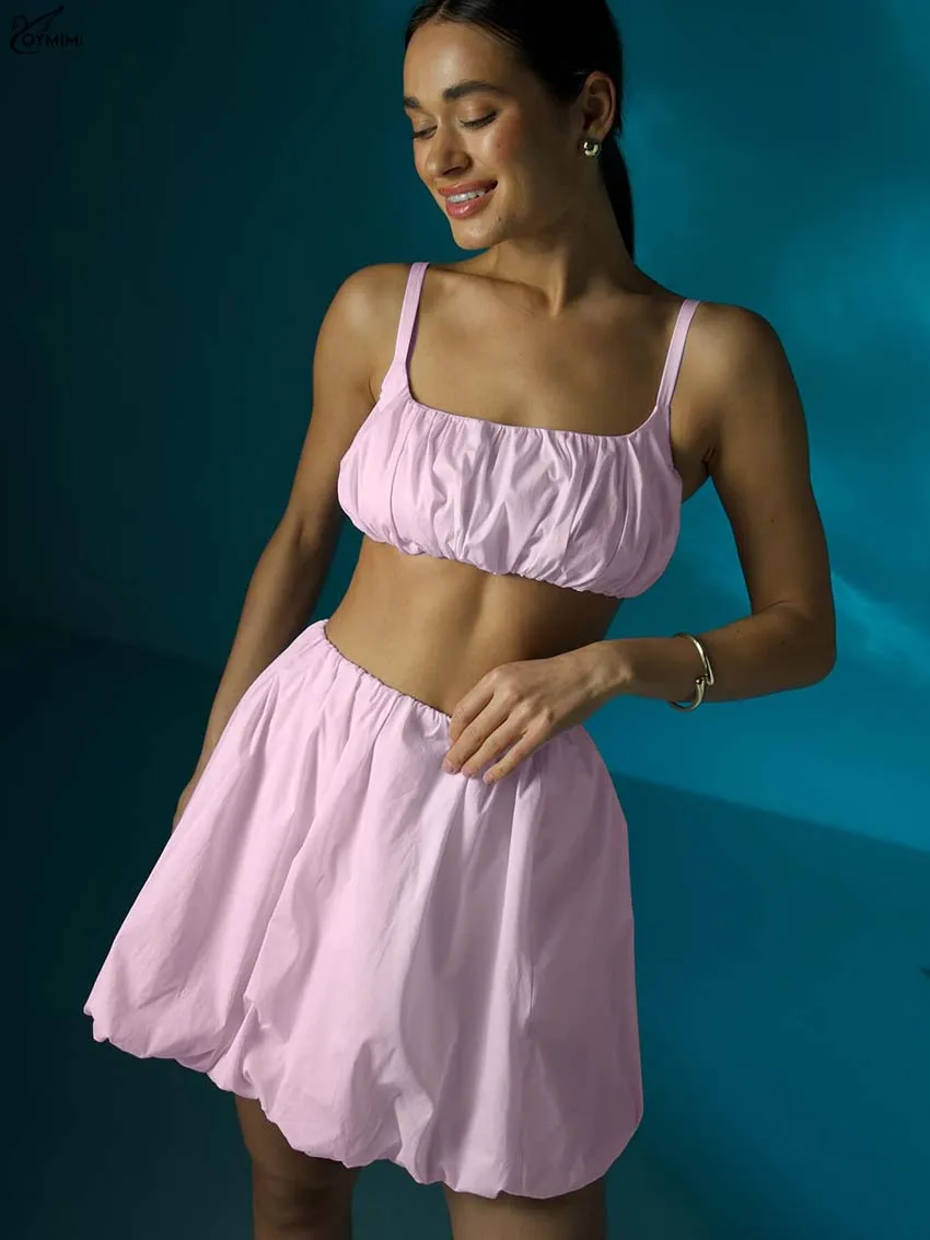 Oymimi Summer Pink Cotton Set Woman 2 Piece Casual Spaghetti Strap Slim Crop Tank Tops And Mid Waisted Pleated Mini Skirts Sets