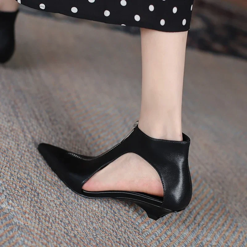 NEW Summer Women Shoes Genuine Leather Pointed Toe Women Sandals Solid Modern Sandals for Women Soft Low Heels Plus Size Shoes