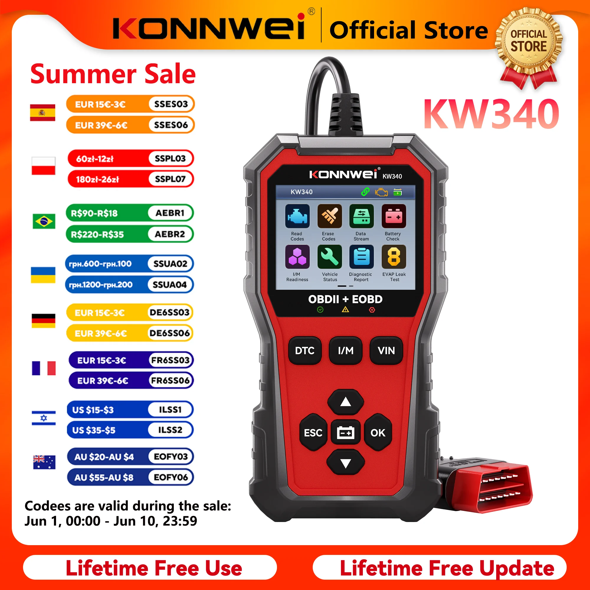 2026 KONNWEI KW340 Car CAN OBD2 EOBD Scanner Diagnostic Tool Engine & Battery Test Read Fault Code Clear Real-Time Data Function