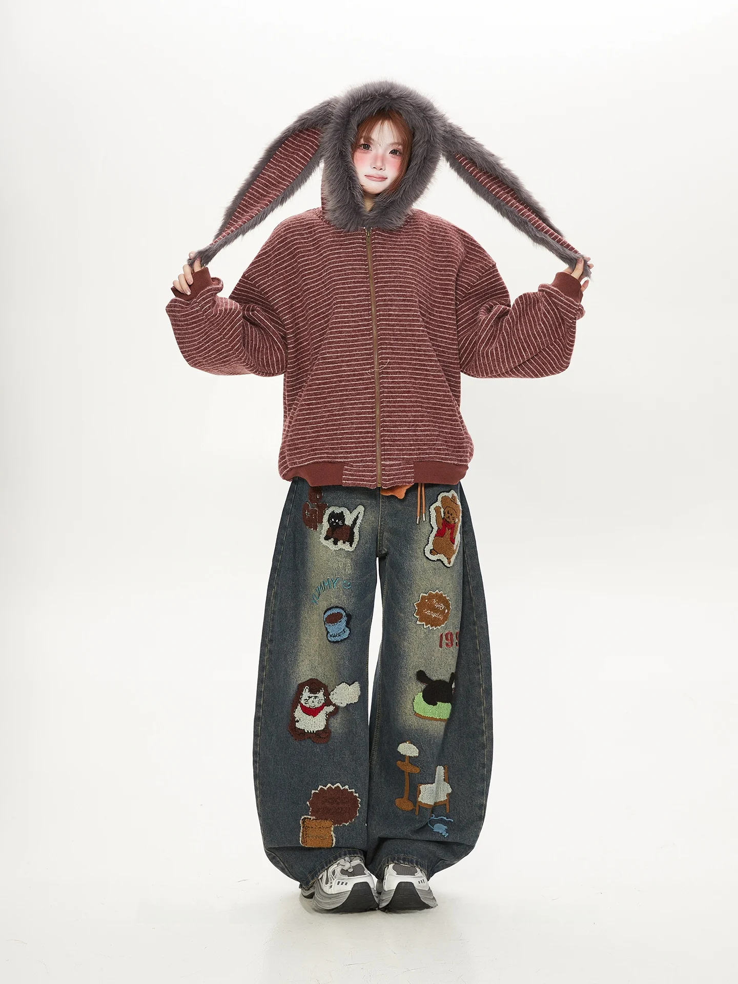 

Thiened Fce, полосатый открытый кардиган с капюшоном, женское осенне-зимнее уникальное привлекательное хлопковое пальто Jaet для поездок на работу, свободные...