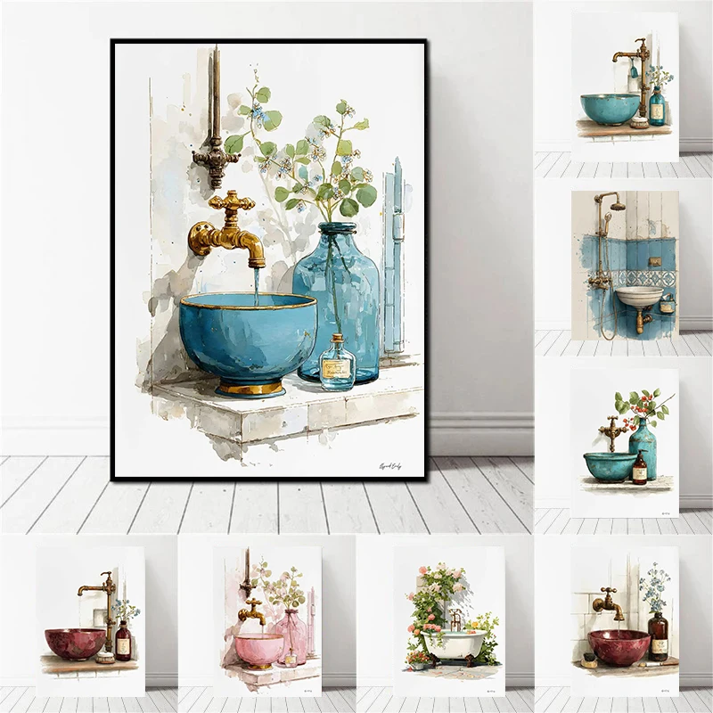Décoration murale de salle de bain style méditerranéen, impression céramique bleue, robinet en laiton vintage, peinture aquarelle, décoration rustique pour la maison, cadeau
