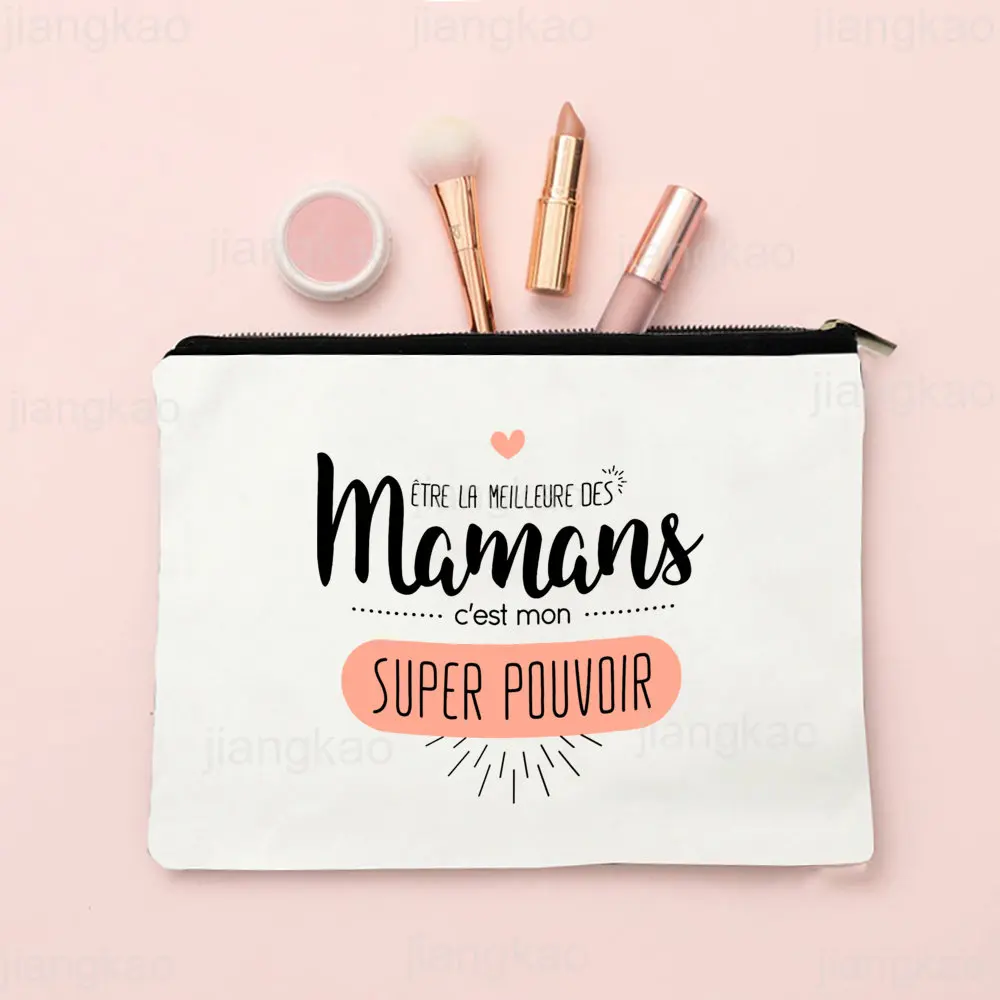 Best Mom In The World French Print Women Cosmetic Bag Travel Makeup Case Toiletry Storage Bags Festive Birthday Gift for Momther