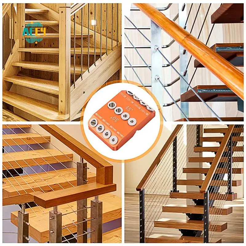 

AEE4-Drill Guide 30 45 90 Degree Angle 4 Size Drill Hole Lag Screw Drill Template Jig For DIY Wood Crafts Stair Wire Handrail Du