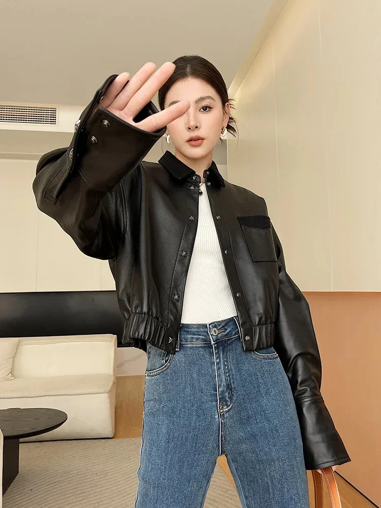 Real Black Sheepskin Coat for Women Spring Autumn 2024 New Casual Genuine Leather Motorcycle Cropped Jackets casaco feminino