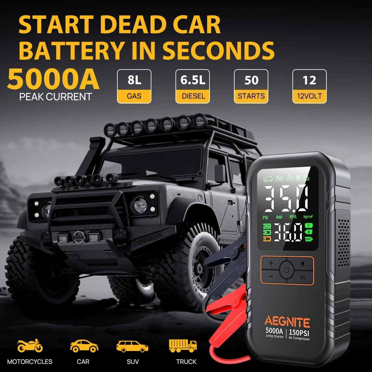 5000A Peak Jump Starter 12V with 150PSI Air Pump, 7-in-1 Car Emergency Power Pack with LED Light Fit 9.0L Gas / 6.5L Diesel Car
