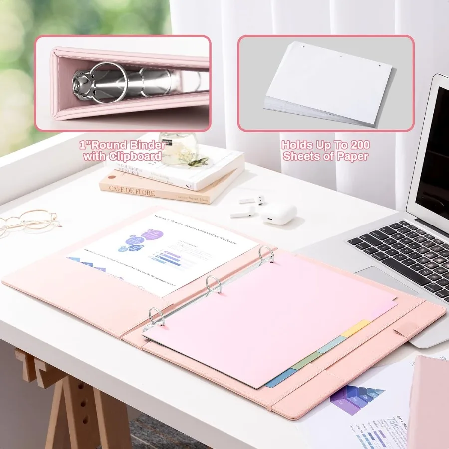 منظم مجلد احترافي من جلد البولي يوريثان مقاس 1 بوصة باللون الوردي مع فواصل مناسبة لحجم 8.5 × 11 ورقة فضفاضة لطيفة