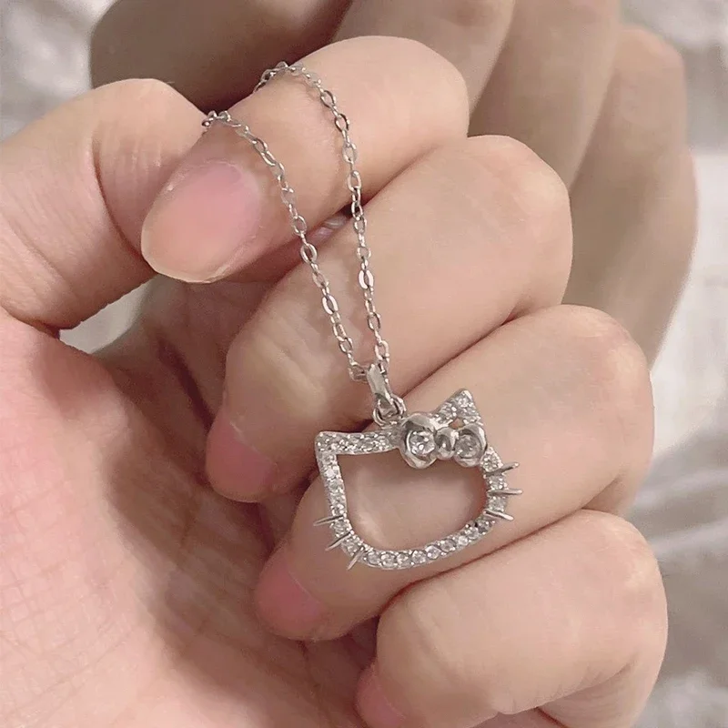 Hello Kitty Necklaces Kawaii  Anime Sanrio Crystal Pendant Ladies Girl Simple White Zircon Elegant Necklace Women Jewelry Gift