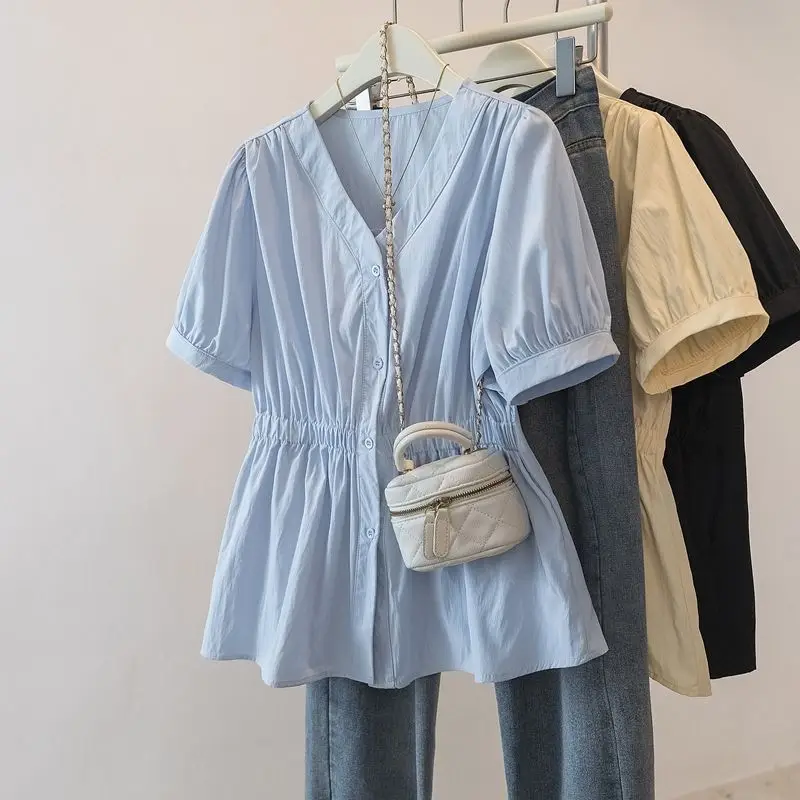 

Plus Size Elastic Waist Office Lady Trend Shirt and Blouse Short Sleeve Solid Top Women Clothing V-neck French Chic