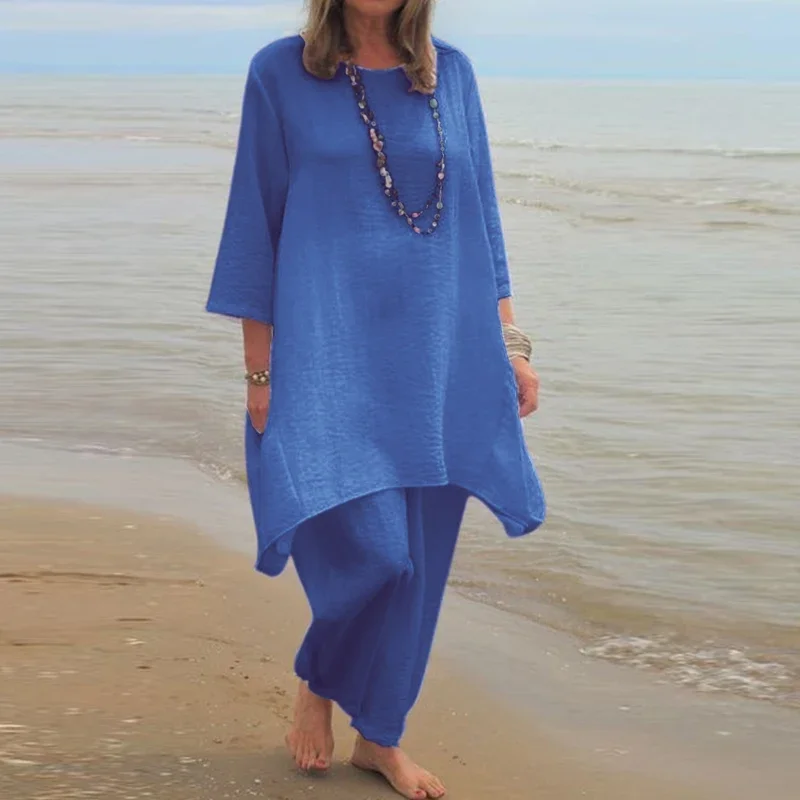 Conjunto informal de dos piezas para mujer, ropa de primavera y verano, Tops de lino de algodón, Jersey y pantalones sueltos, traje de playa