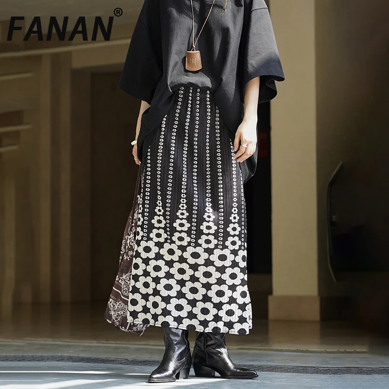 

FANAN Vintage Contrast Color Pleated Skirts For Women Elastic High Waist A-line Mid-length Skirt Female Clothes 2025 Summer New